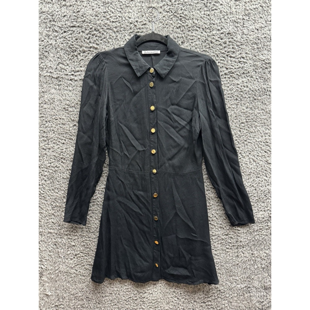 Reformation Hugh Black Collared Long Sleeve Mini Dress Gold Button Down Size 4